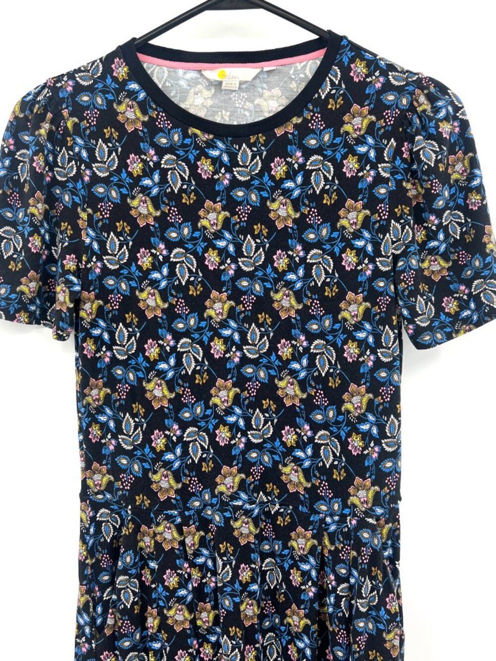 Boden Black Floral Print Short Sleeved Midi Dress Women's 6 R - Picture 2 of 6